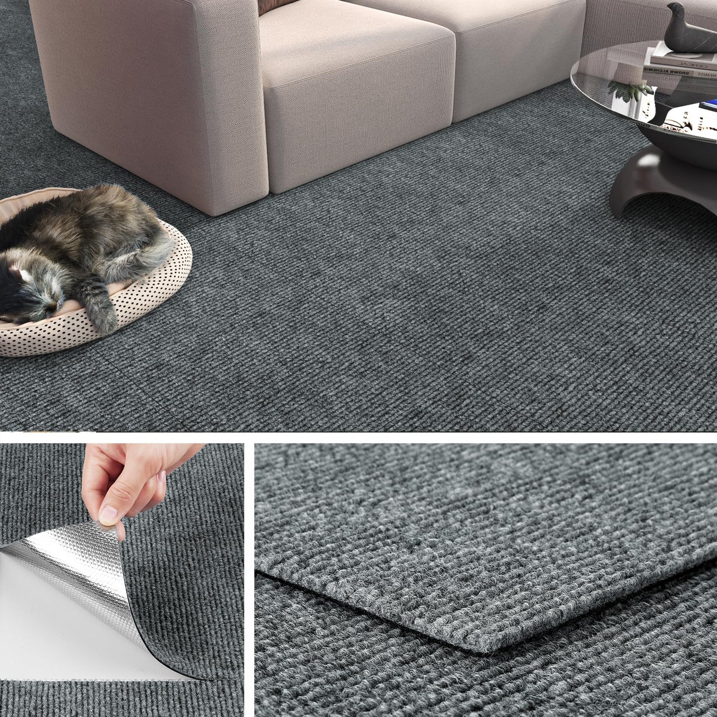 Livelynine 16-pcs Carpet Tiles Peel and Stick Carpet Squares Self Adhesive Gray Rug Tiles with Padding Sticky Flooring Remnants 11.8x11.8 Waterproof Stick on Floor Tile for Bedroom Basement Home