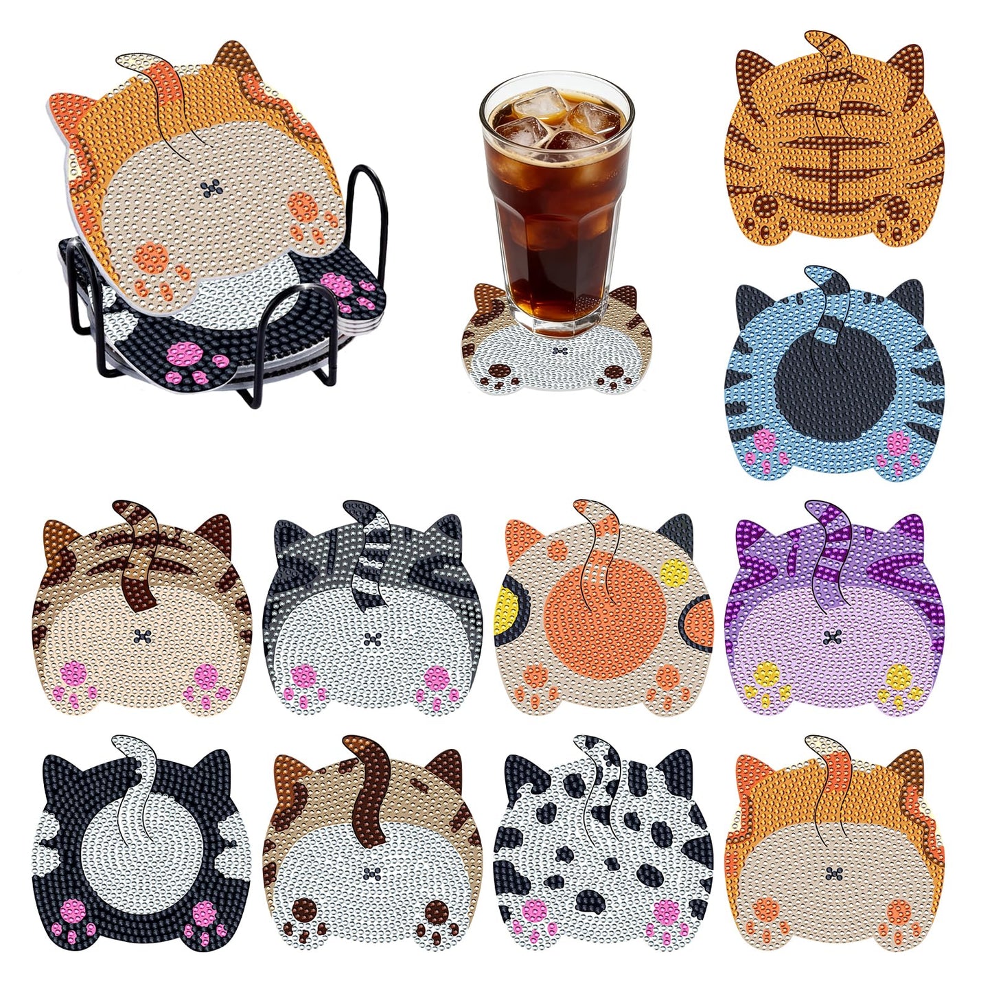 BOCACUE Cute Cat Diamond Art Coasters Kit for Adults, 10 PCS Diamond Painting Coasters with Holder, Cute Gem Painting Coasters for Desk, DIY Diamond Art Crafts, Cat Lover Gifts for Women