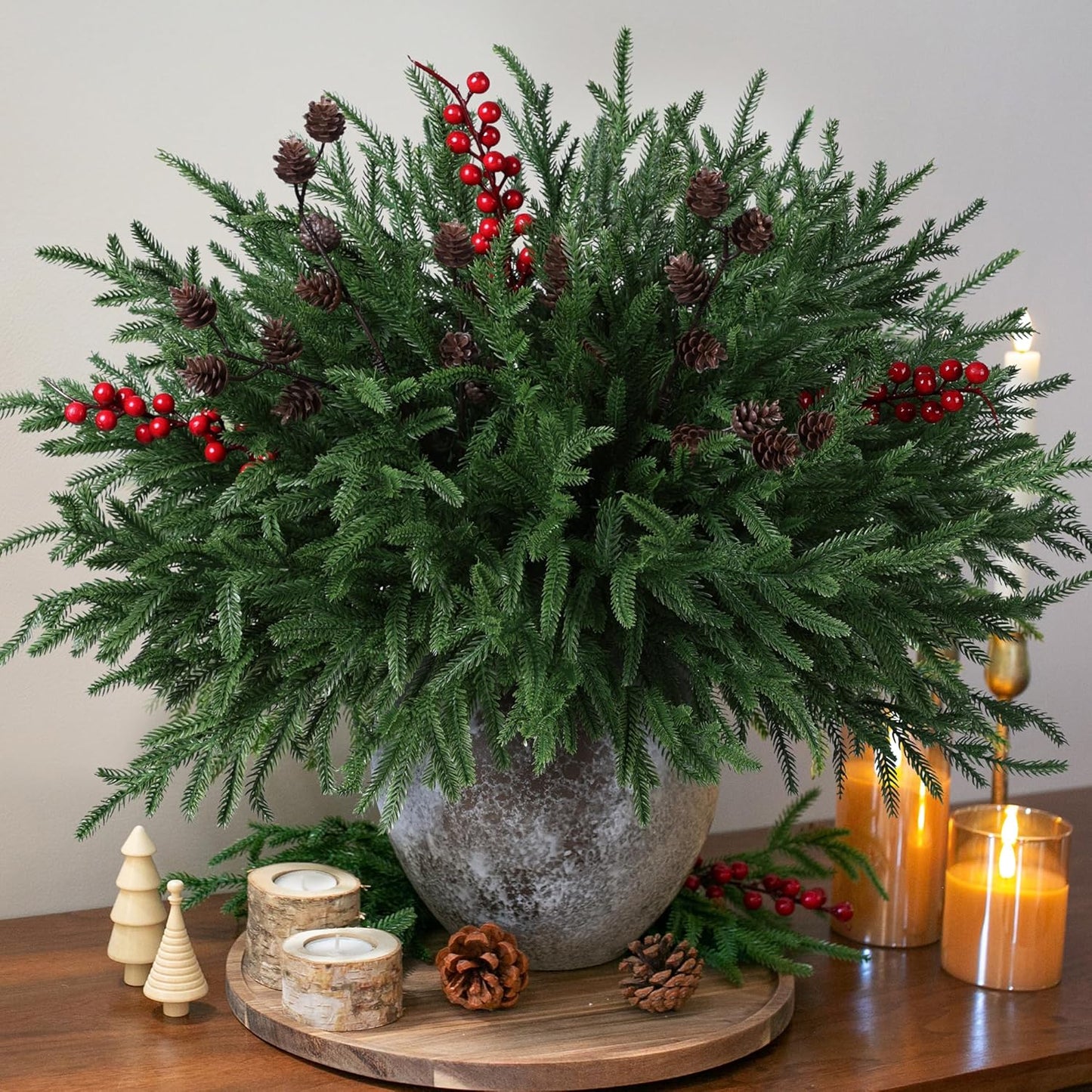 17 Branches,19 Inch HyeFlora PCS Christmas Norfolk Pine Stems with Small Pinecones and Red Berries Real Touch