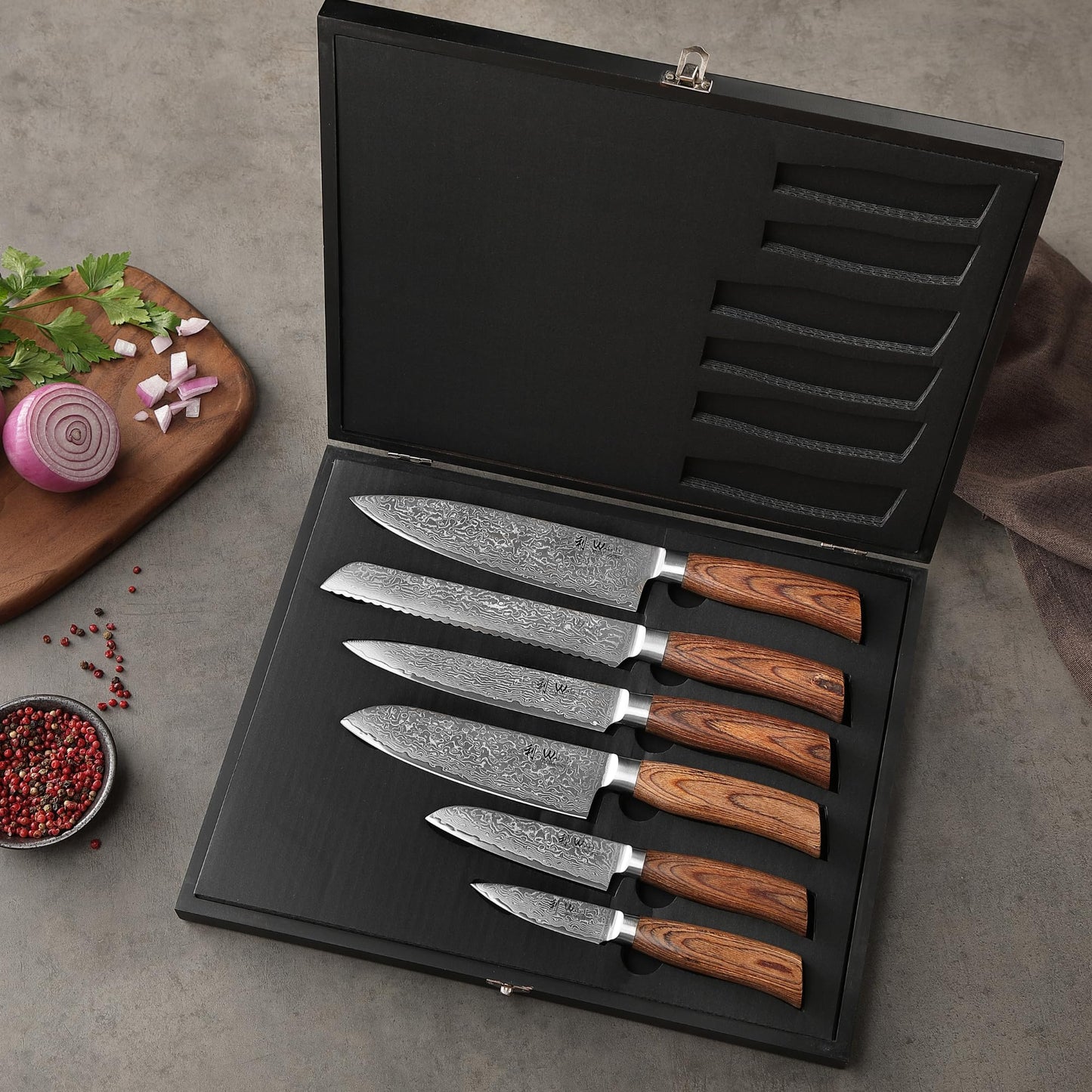 Wakoli EDIB Pro 6-Piece Damascus Knife Set – Professional Chef Knives Set with VG10 Core Blades, 67-Layer Damascus Steel and Ergonomic Pakkawood Handles – Premium Kitchen Knives in Elegant Gift Box