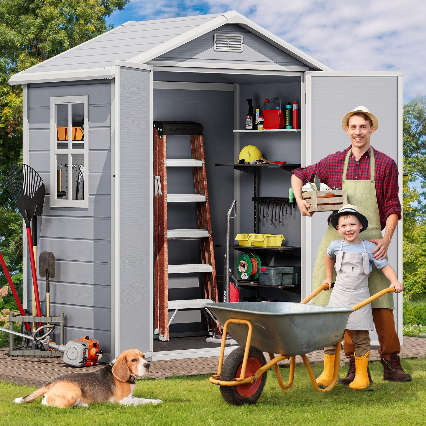 DWVO 6x4 FT Resin Storage Shed with Reinforced Floor, Outdoor Storage Shed with Lockable Door, Window and Vents, Waterproof Plastic Tool Storage for Garden, Backyard, Patio, Lawn