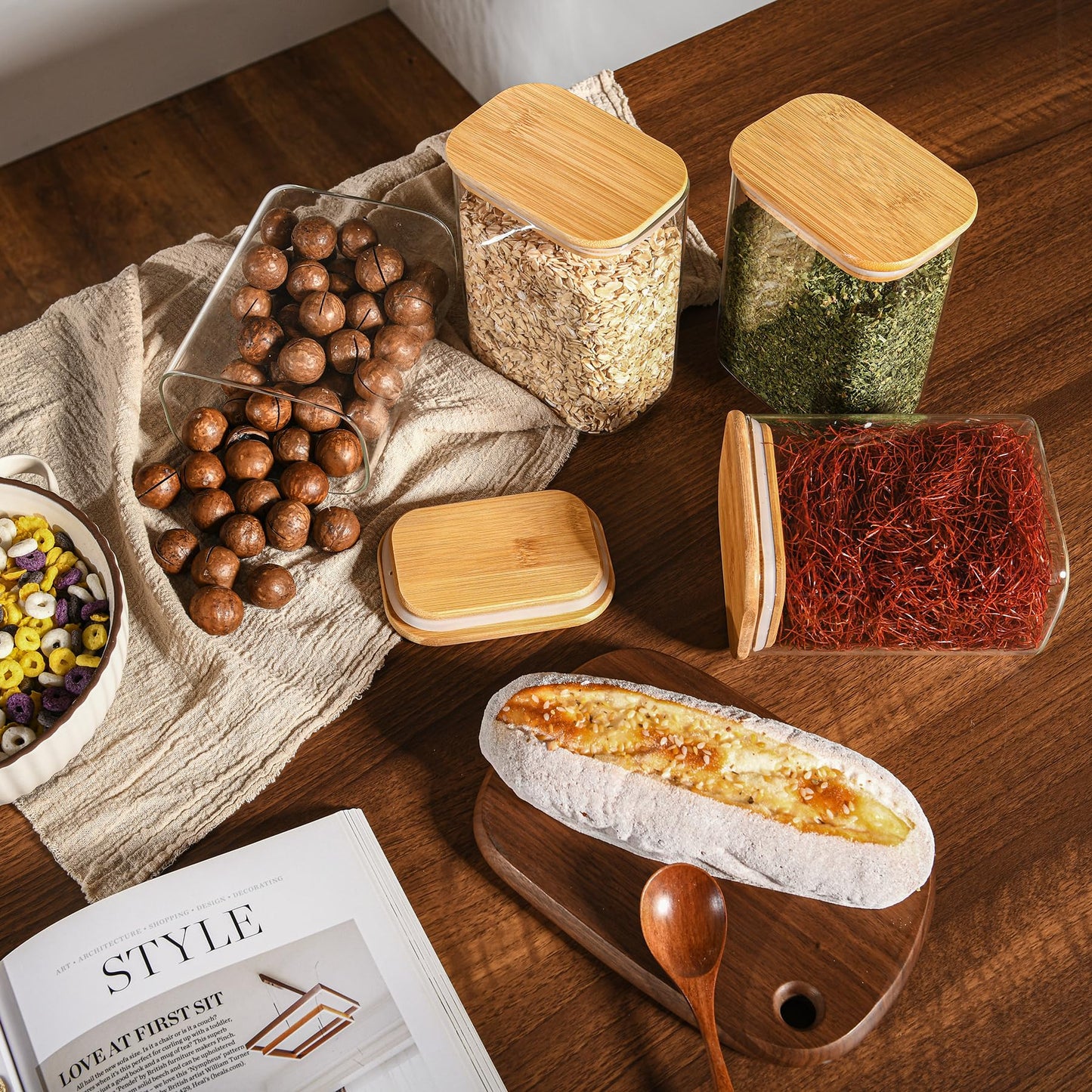D2scrma 37oz Rectangle Airtight Glass Storage Containers with Bamboo Lids (Set of 6), Square Food Storage Jar, Pantry Organizers for Cereal, Nuts, Snacks and Coffee beans (‎with Black Lable)