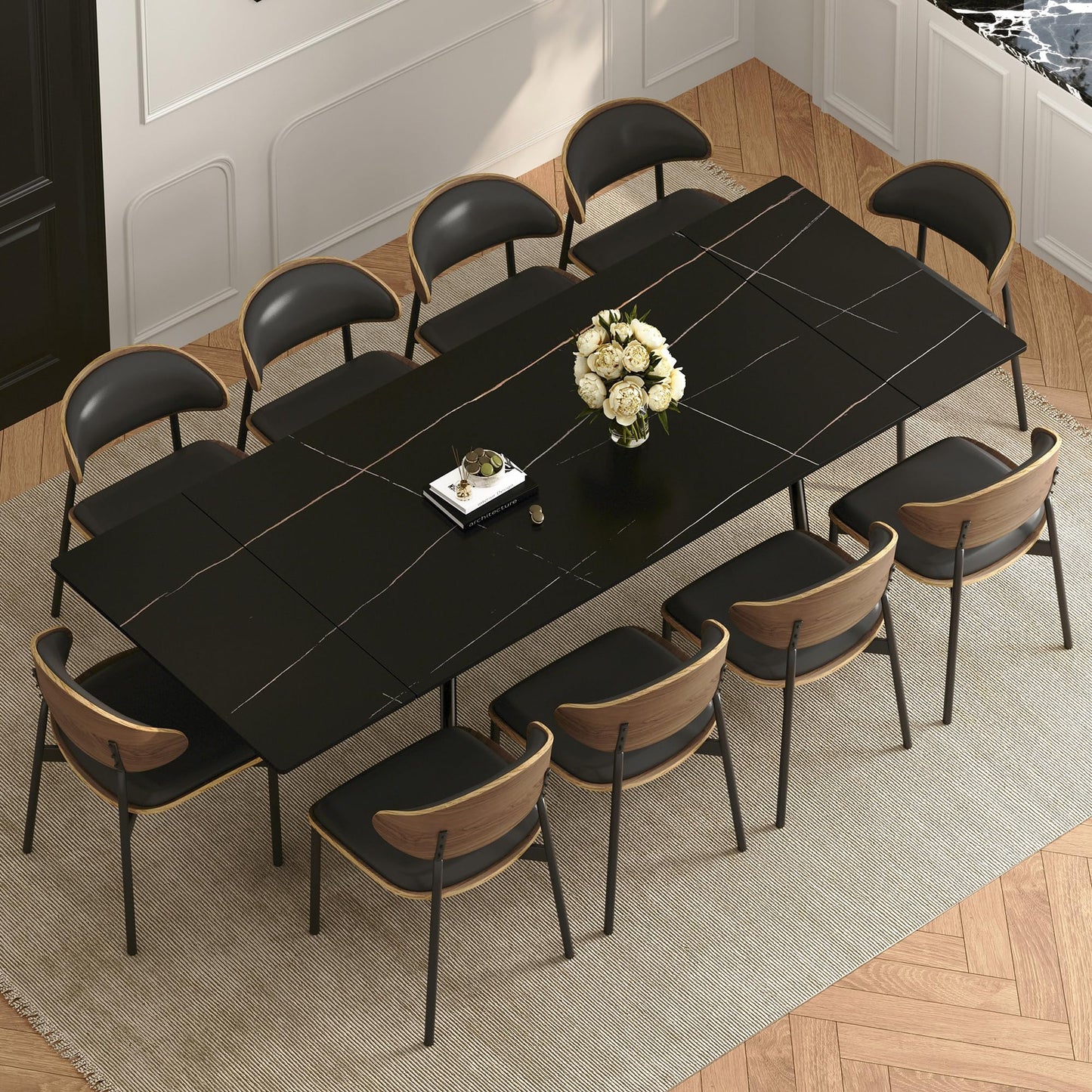 gaoyangjiaju 62.9"-94.4" Modern Extendable Dining Table for 6 to 10 Seats, Rectangular Sintered Stone Table with High Hardness and Easy Maintenance for Dining Room Family Gathering, Black Top
