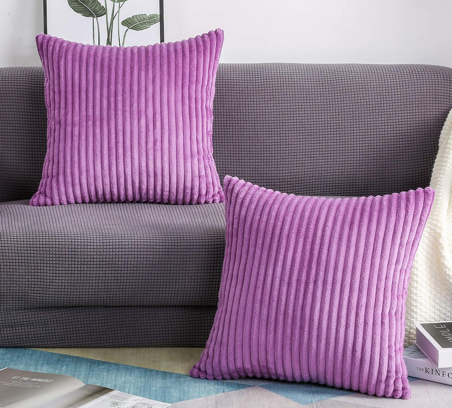 TangDepot Set of 2 Soft Plush Velvet Big Striped Corduroy Decorative Throw Pillow Covers - (28"x28", A90 Light Purple)
