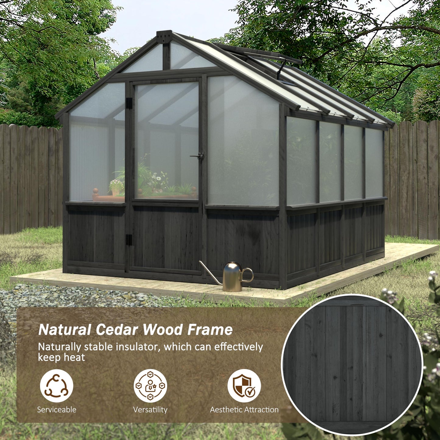 MUPATER 8 x 8FT Wooden Polycarbonate Greenhouse with 6mm Polycarbonate Panels for UV Protection, Ventilated Window & Lockable Door, Walk-in Greenhouse for Outdoors, Patio, Backyard, Black