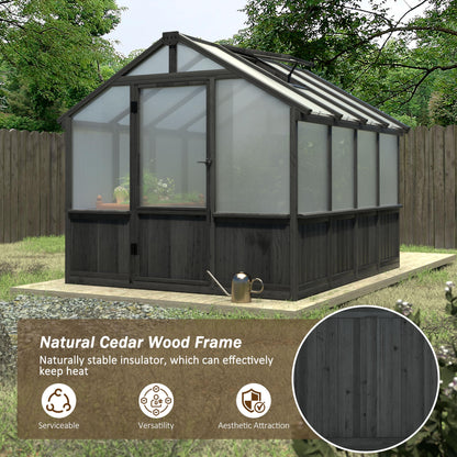 MUPATER 8 x 8FT Wooden Polycarbonate Greenhouse with 6mm Polycarbonate Panels for UV Protection, Ventilated Window & Lockable Door, Walk-in Greenhouse for Outdoors, Patio, Backyard, Black