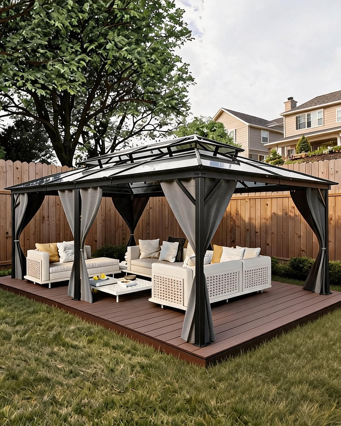 GarveeLife Hardtop Gazebo 12 ft x20 ft for All Weather, Double Polycarbonate Sheets Roof, Aluminum Alloy Frame, Net, and Curtain, Permanent Building for Patio, Deck, Backyard, Lawn, and Garden
