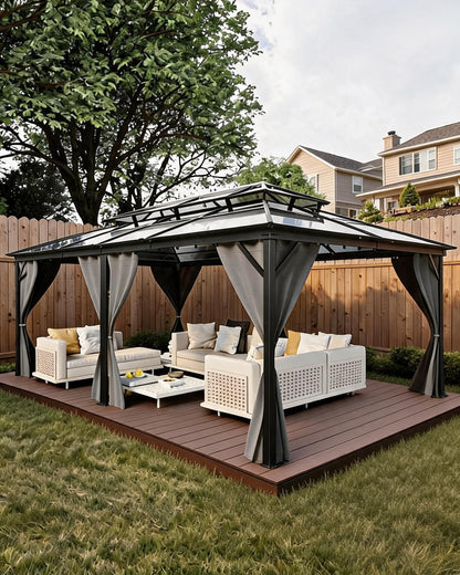 GarveeLife Hardtop Gazebo 12 ft x20 ft for All Weather, Double Polycarbonate Sheets Roof, Aluminum Alloy Frame, Net, and Curtain, Permanent Building for Patio, Deck, Backyard, Lawn, and Garden