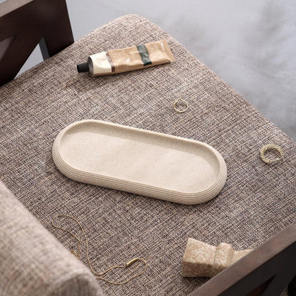 Haocoott Jewelry Tray Bathtub, Resin Stone Look Decorative Perfume Tray, Bathroom Marble Vanity Organizer Plate Holder for Ring Soap Towel Small Things on Kitchen Sink Countertop (Beige, Medium)