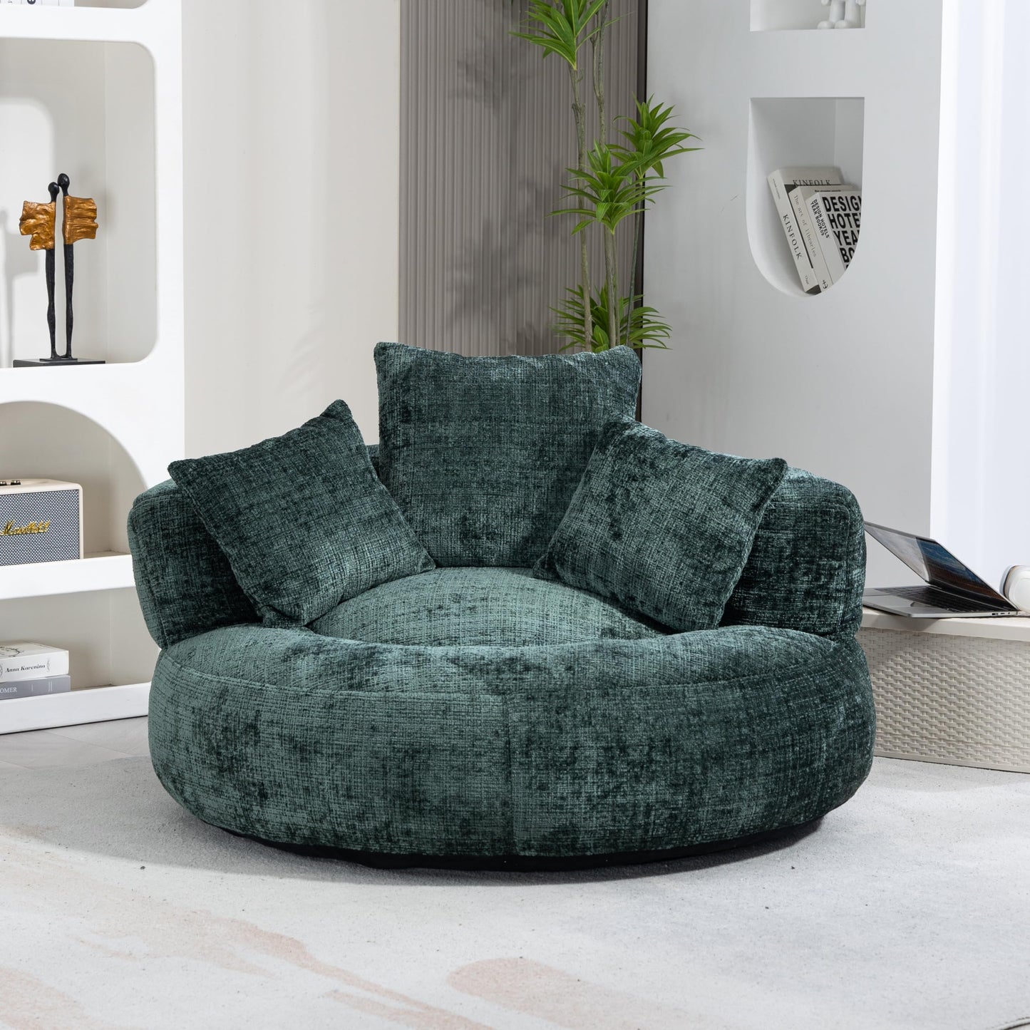 Oversized Lazy Sofa Bean Bag Chair with High Back and 3 Pillows, Chenille Fabric Comfy Lounger for Adults & Kids, Single Floor Gaming Sofa Chair for Bedroom, Living Room, or Office (Emerald)