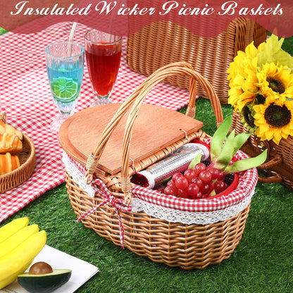 DoubleFill Wicker Insulated Picnic Basket with Lid Wicker Picnic Basket with Folding Handles and Insulated Cooler Bag for Camping Outdoor Easter Valentine Birthday Gift(Red Plaid)