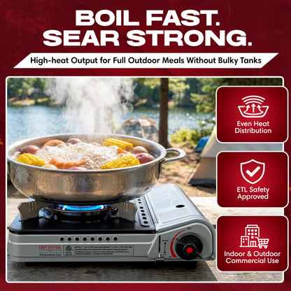 Chef Master 12,000 BTU Portable Butane Stove - Gas Burner for Camping & Outdoor Cooking - Countertop Cooktop with Carry Case, Wind Guard & Electronic Ignition - Portable Cooker & Burner Stove – 90235