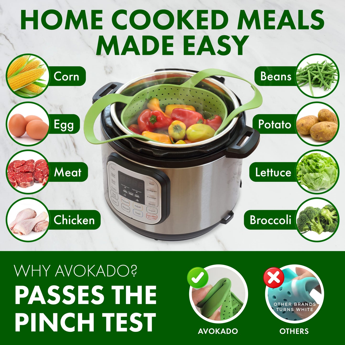 Avokado Silicone Steamer Basket for 6qt Instant Pot [3qt, 8qt avail], Other Pressure Cookers - 100% Food Safe, BPA-Free, Dishwasher Safe Collapsible Vegetable Steamer Basket & Strainer