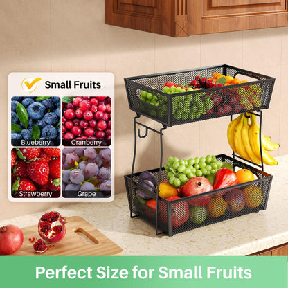 2 Tier Fruit Basket Bowl for Kitchen Counter with 2 Banana Hangers, Countertop Metal Mesh Basket Stand Fruit Holder for Veggies Onion Potato Bread Snack, Black