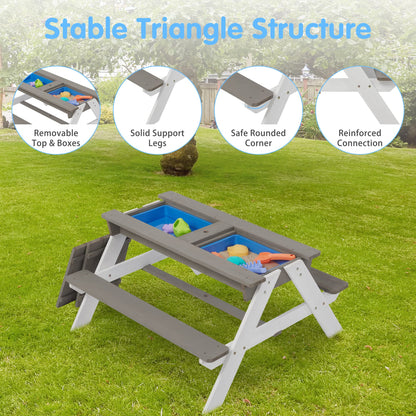 3 in 1 Outdoor Wooden Picnic Table with Umbrella, Convertible Sand Wate, Gray CPSIA Certification