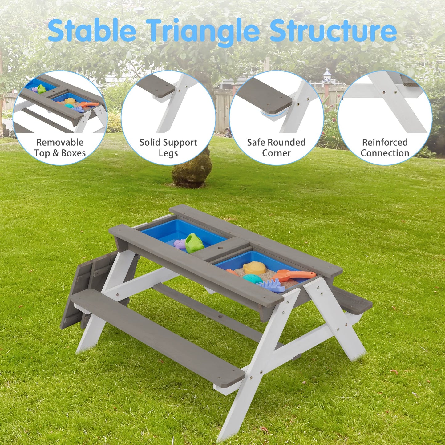 3 in 1Outdoor Wooden Picnic Table with Umbrella, Convertible Sand Wate, Gray CPSIA Certification