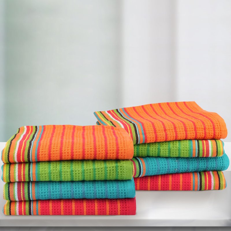 THREAD SPREAD Kitchen Dish Towels, 100% Cotton Salsa Towels, Set of 8 (16x28 Inches), Multi Purpose Cooking Drying Restaurant Bar Cleaning Cloth Napkin, Highly Absorbent, Lint Free (Red & Orange)
