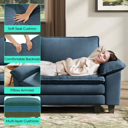 LINSY HOME 157'' Modular Sectional Sofa Blue Couch Corduroy Cloud Couches for Living Room, U Shaped Couch with Movable Ottoman, Modern Cloud Sectional Sofas for Bedroom and Apartment, Blue