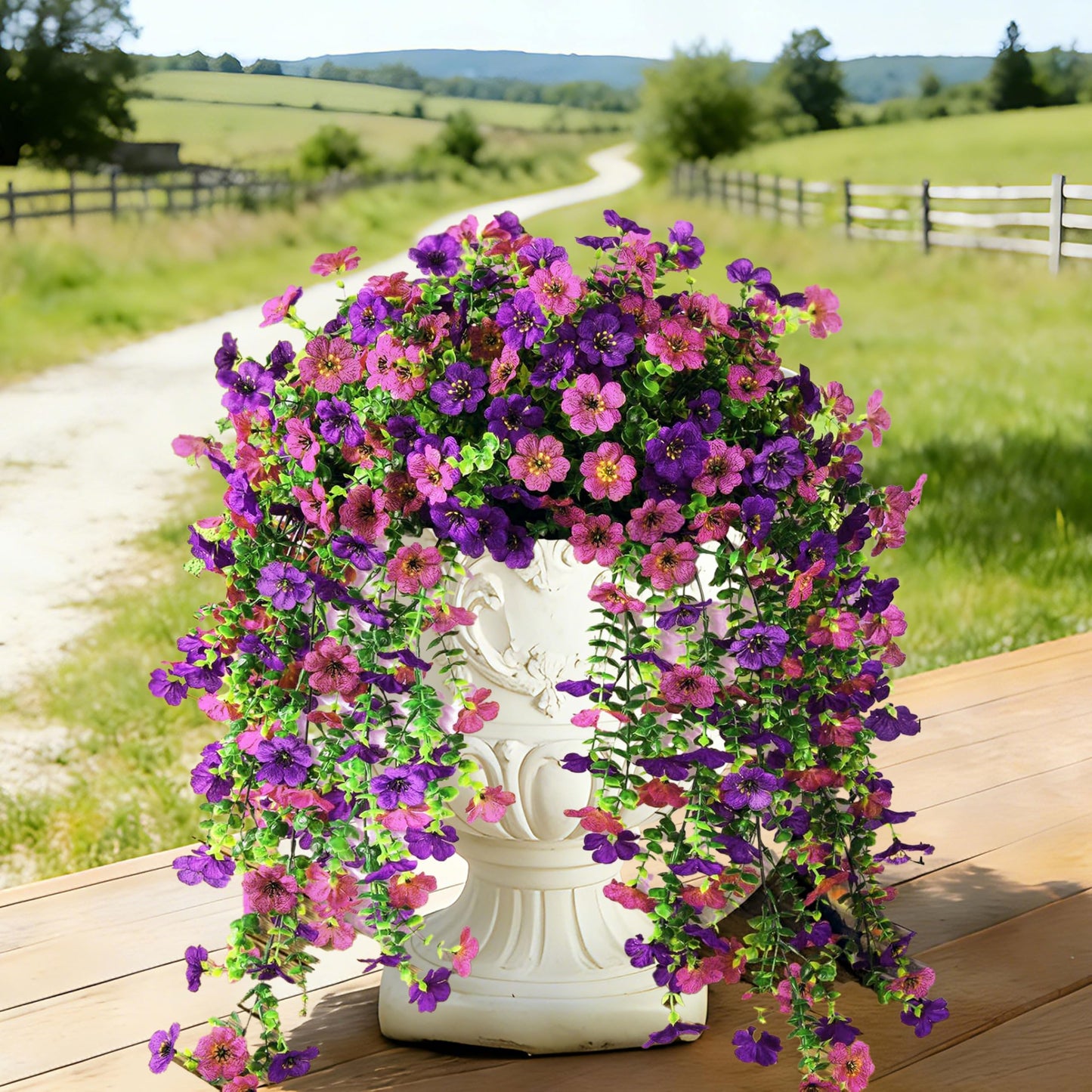 Senjie Artificial Hanging Flowers for Outdoor Spring Decor, 2 pcs UV Resistant Fake Silk Faux Flowers Plants for Outside Porch Patio Balcony Planters