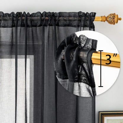 DUALIFE Black Sheer Curtains 72 Inch Length, Set of 2 Panels Rod Pocket Faux Linen Semi Translucent for Living Room
