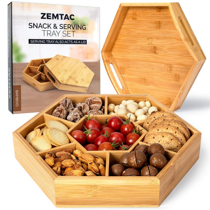 Snack and Serving Tray Set – 13" Divided Bamboo Appetizer Platter for Dry Fruit, Nuts, Cheese and Charcuterie (Bamboo, 13"x11")