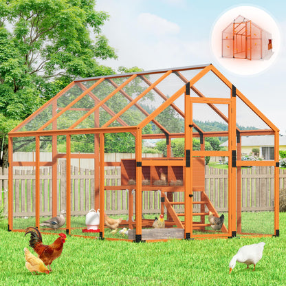 COZIWOW Chicken Coop with Full Waterproof Cover, 9' Extra Large Wooden Chicken House for 10-15 Chickens, 4 Nesting Boxes & Roosting Bars, Outdoor Walk-in Poultry Run, Orange