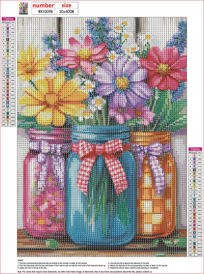 MXJSUA DIY Flowers Diamond Painting Kits for Adults, Floral Jars Diamond Gem Art Painting for Beginners, Diamond Picture with Full Round Drill Dots Craft Set Gift, 12 * 16 Inch