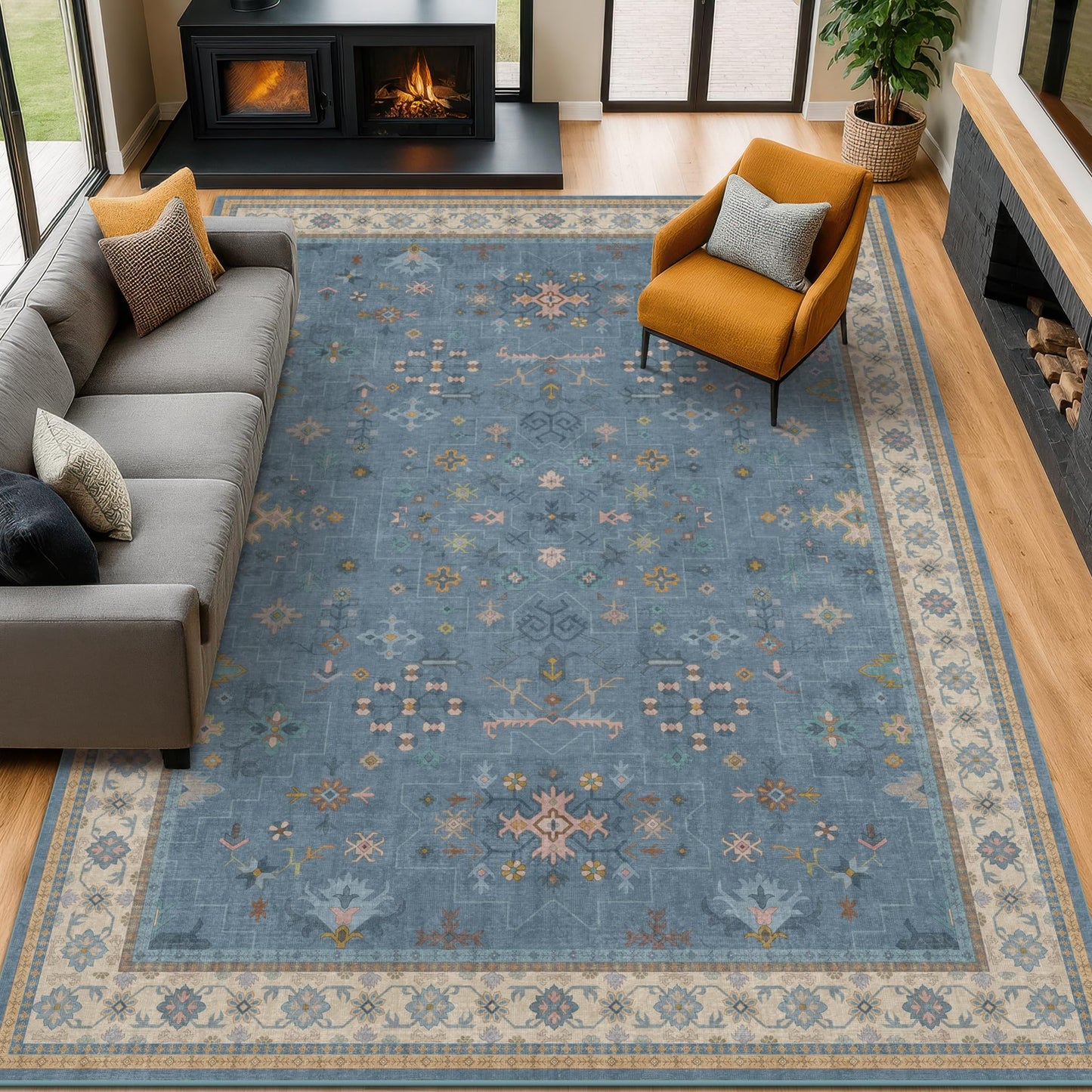 Hazo Haus Blue Big Rugs for Living Room - Dusty Blue 10x14 Area Rug for Large Bedroom, Dining Room, Washable Lightweight Low Pile Foldable Eclectic Modern Floral Home Décor