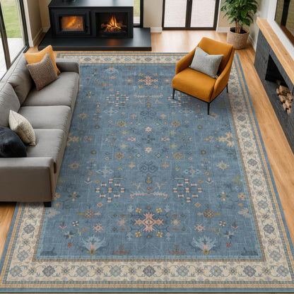 Hazo Haus Blue Big Rugs for Living Room - Dusty Blue 10x14 Area Rug for Large Bedroom, Dining Room, Washable Lightweight Low Pile Foldable Eclectic Modern Floral Home Décor