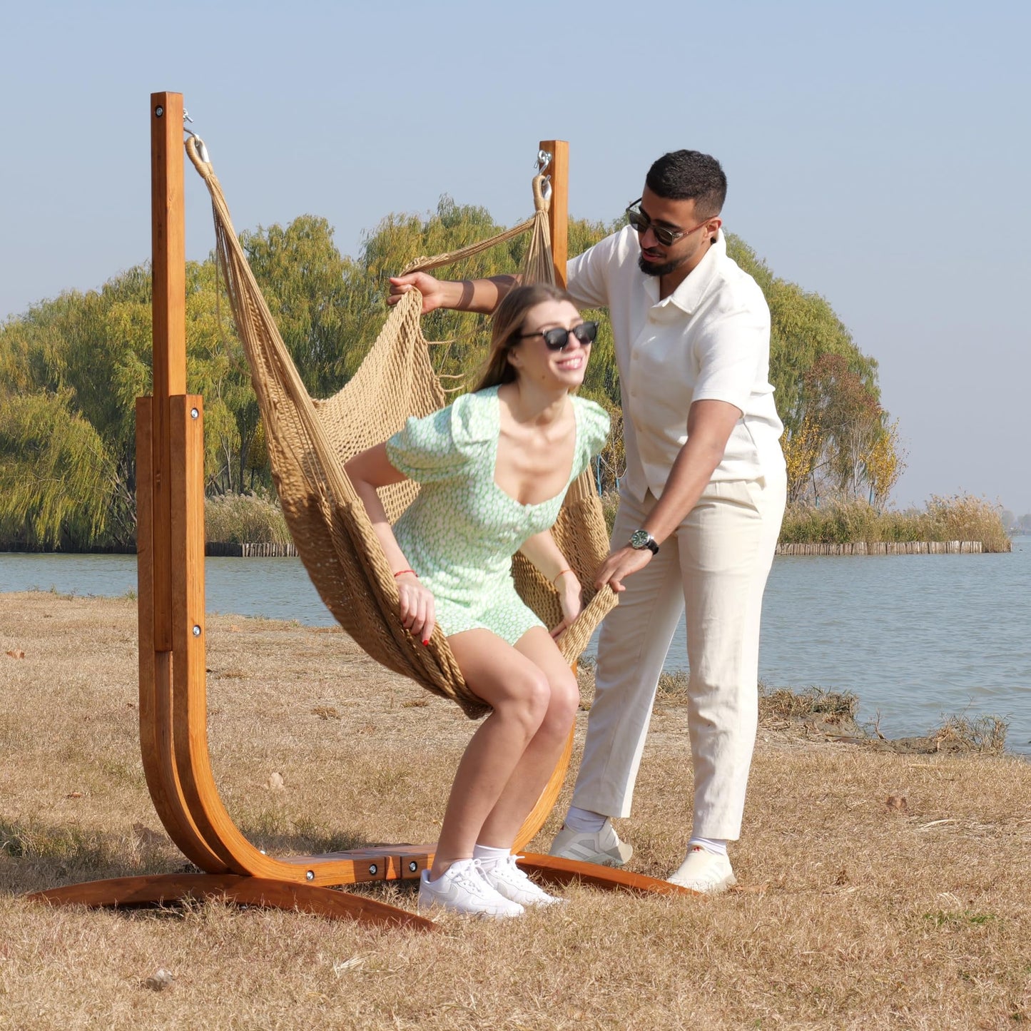 SANIWERKE® Hammock Chair with Stand, Caribbean Hammock Chair and Laminated Wooden Stand Combo, Sturdy Design, 400LBS Capacity, 70x50Inches, Jumbo Haven Lounger for Patio & Porch (Soft Tan)