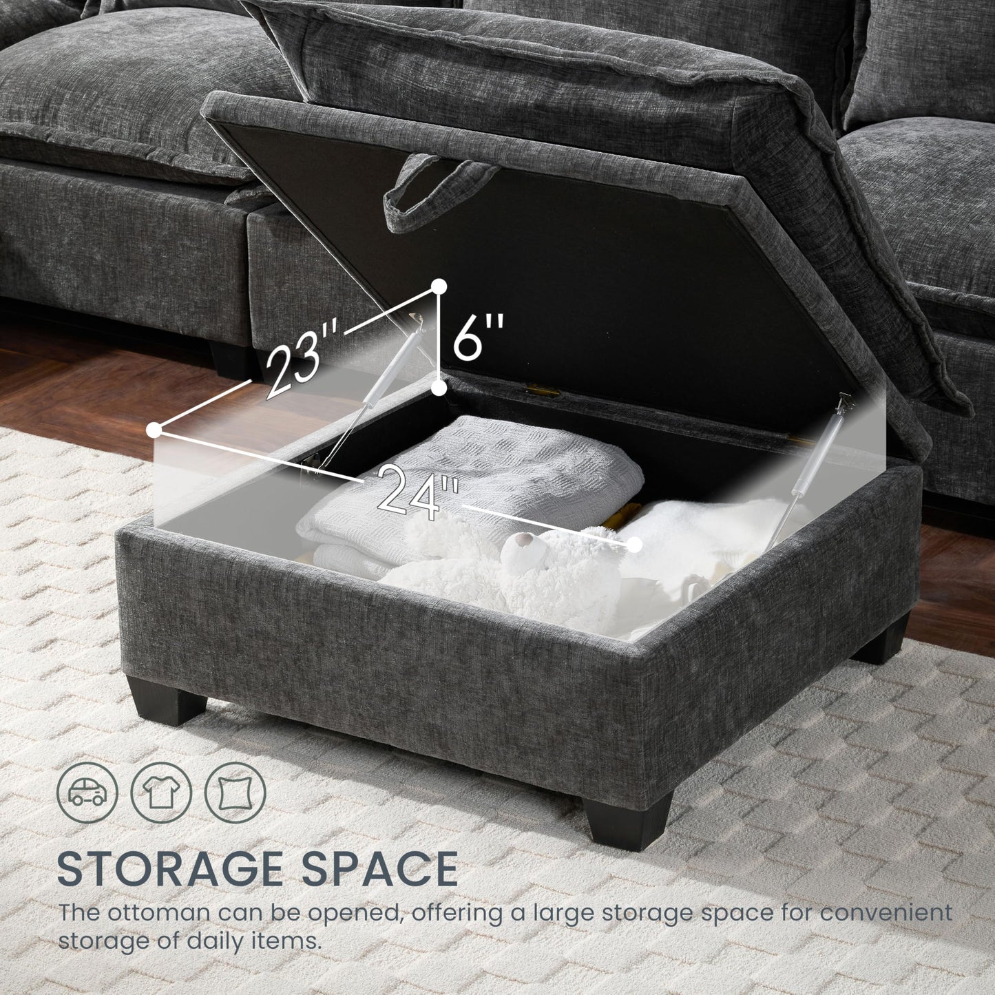 Merax Modern Oversized U-Shaped Sectional Sofa with Piollows & Chaise Lounge, Chenille 7-Seat Couch Set Sleeper Bed with Storage Ottoman for Living Room Gray