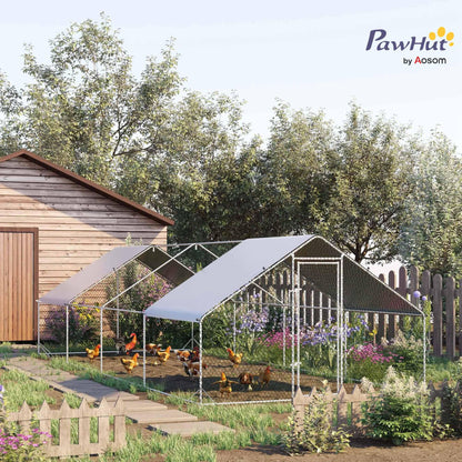 PawHut Large Chicken Coop Metal Chicken Run with Waterproof and Anti-UV Cover, Spire Shaped Walk in Fence Cage Hen House for Outdoor and Yard Farm Use, 1" Tube Diameter, 9.8' x 26.2' x 6.6'