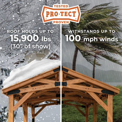 Backyard Discovery Norwood 24' x 12' Cedar Wood Outdoor Gazebo Pavilion with Hardtop Galvanized Steel Peak Roof, Snow Support, Wind Resistance, PowerPort, Shade for Garden, Patio, Deck, Entertaining