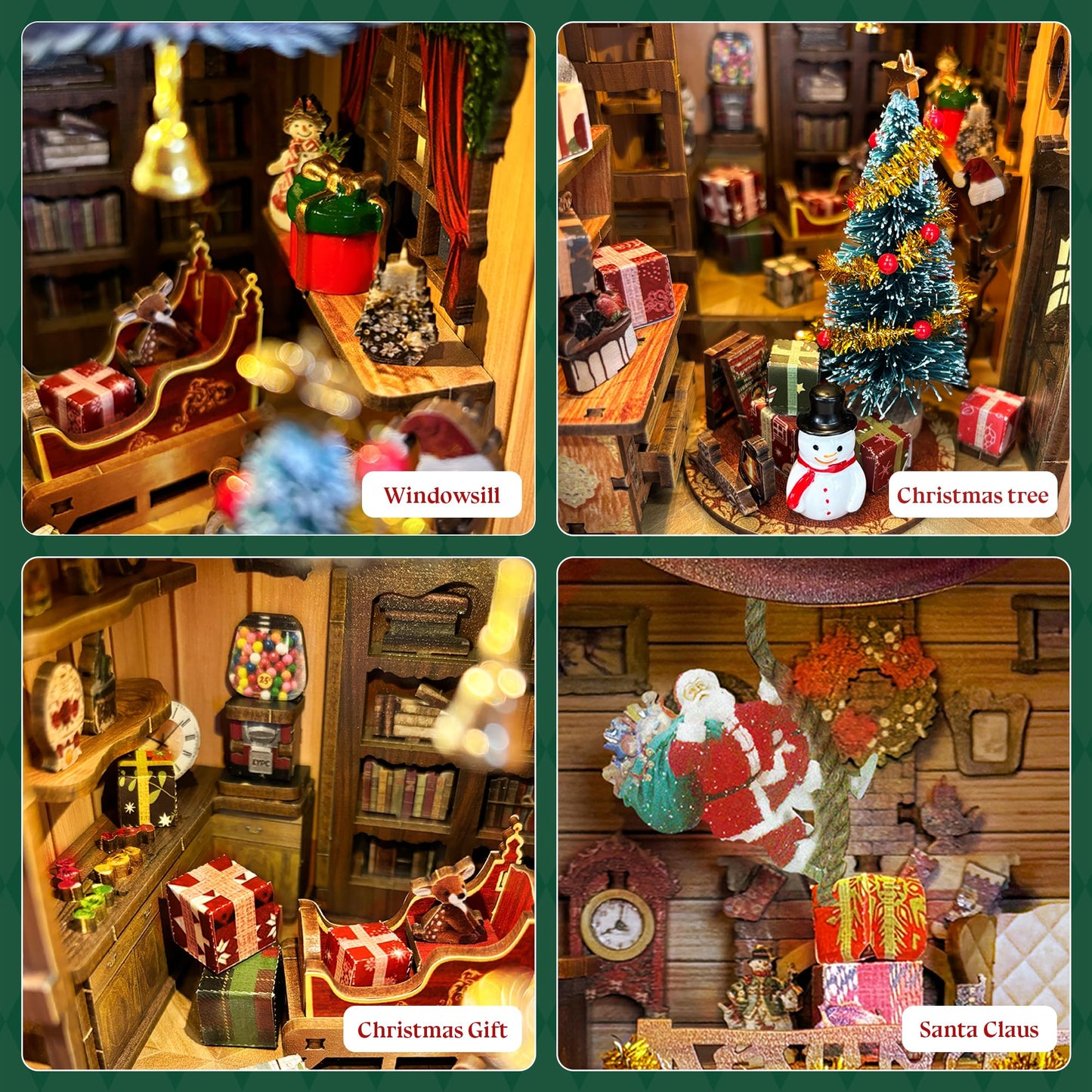Strucwood Christmas Book Nook Kit with LED Light - 3D Wooden Puzzles Booknook for Book Shelf Decor - DIY Dollhouse Kit - Book Nooks Decor with Dust Cover Jingle Cabin(SQ-34)