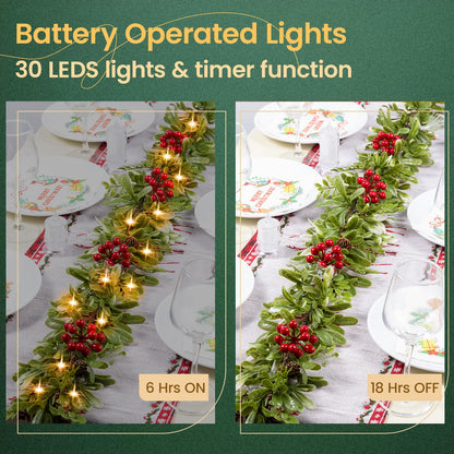 6.5FT Christmas Garland with Lights & Timer, 30 LED Pre-lit Greenery Olive Garland with Red Berry Pinecone, Battery Operated Lighted Garland for Fireplace Mantle Door Stairs Table Christmas Decoration