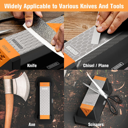 Goodjob Diamond Sharpening Stone 3 Side Grit 400/1000/8000 Premium Industrial Diamond & Ceramic Whetstone Knife Sharpener Suitable for Steel of any Hardness with Angle Guide and Non-Slip Base (GB-3D)