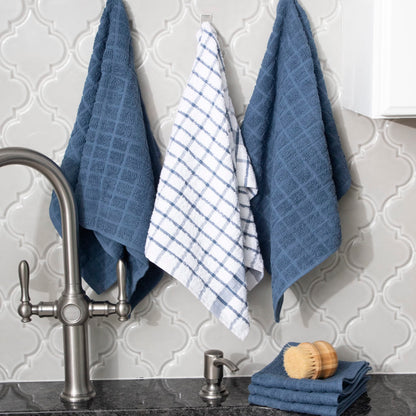 Ritz Premium Kitchen Towel and Dish Cloth Value Set: Highly Absorbent, Super Soft, Long-Lasting, 100% Cotton Checked and Solid Hand Towels, Tea Towels, Bar Towels - 6 Pack, Federal Blue
