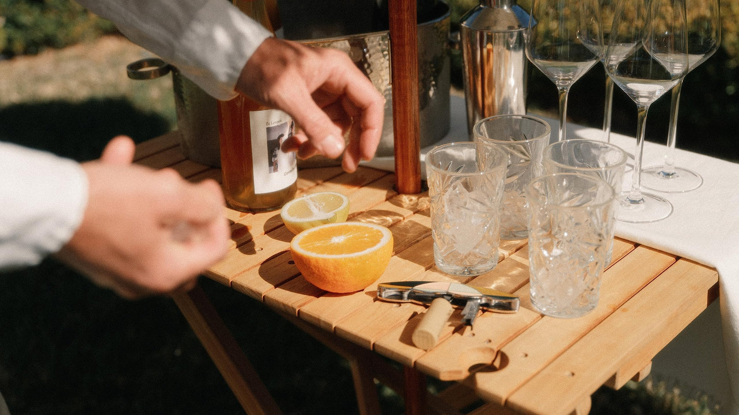 Business & Pleasure Co. Tall Folding Picnic Table - Perfect Outdoor Table for Picnics and Hosting - 4 Wine Glass Holders - Umbrella Hole - Premium Teak Hardwood