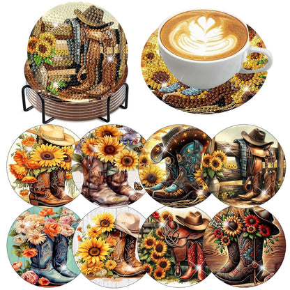 8 Pcs Diamond Art Coasters Kit for Adults, Cowboy Boots Flowers Diamond Painting Coasters with Holder Cork Pads, DIY Diamond Art Non Slip Coaster Crafts Kits for Adults Beginners Gifts