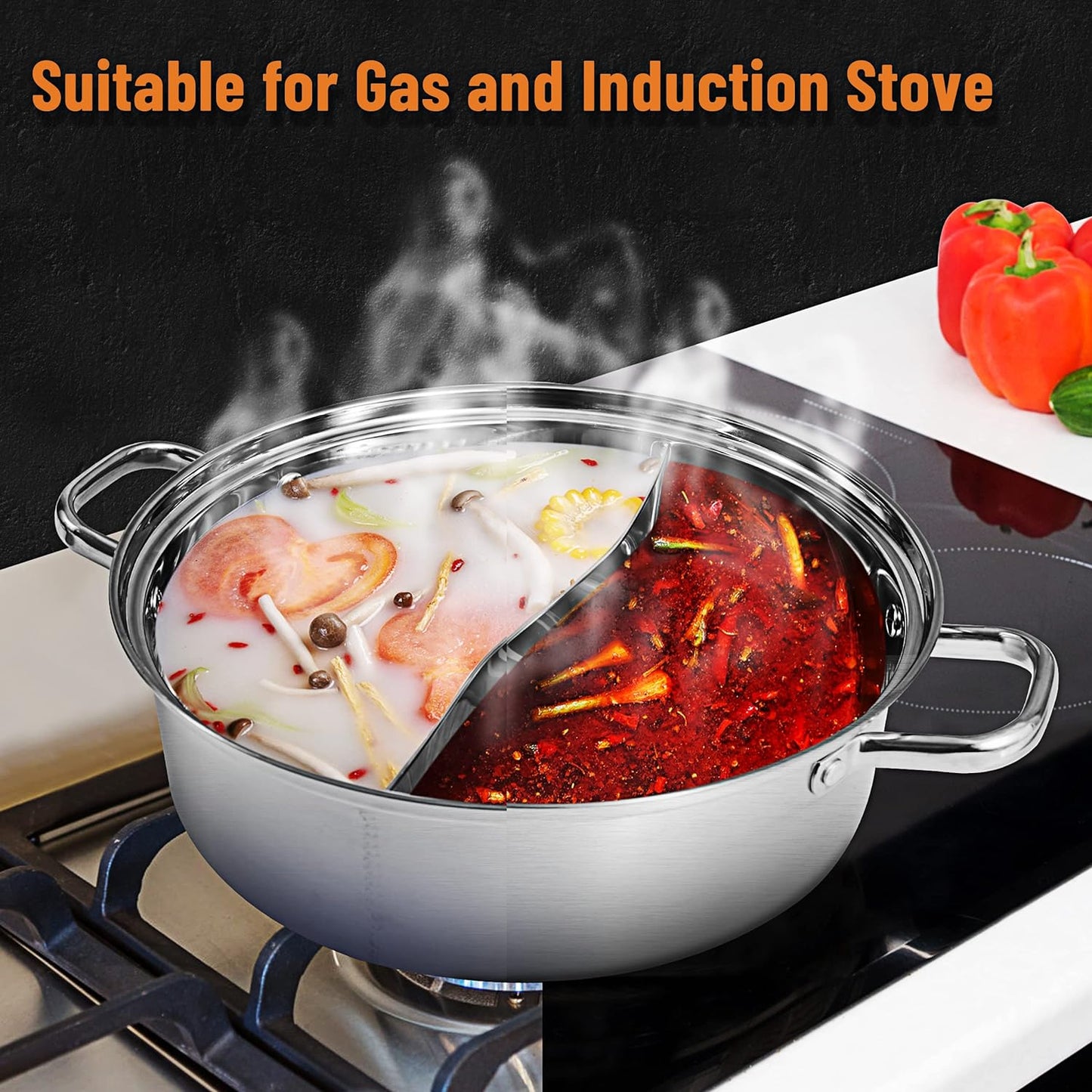 MyLifeUNIT Shabu Shabu Pot, 4.5 Qt 304 Stainless Steel Hot Pot with Divider, 11.8 Inches Soup Cookware