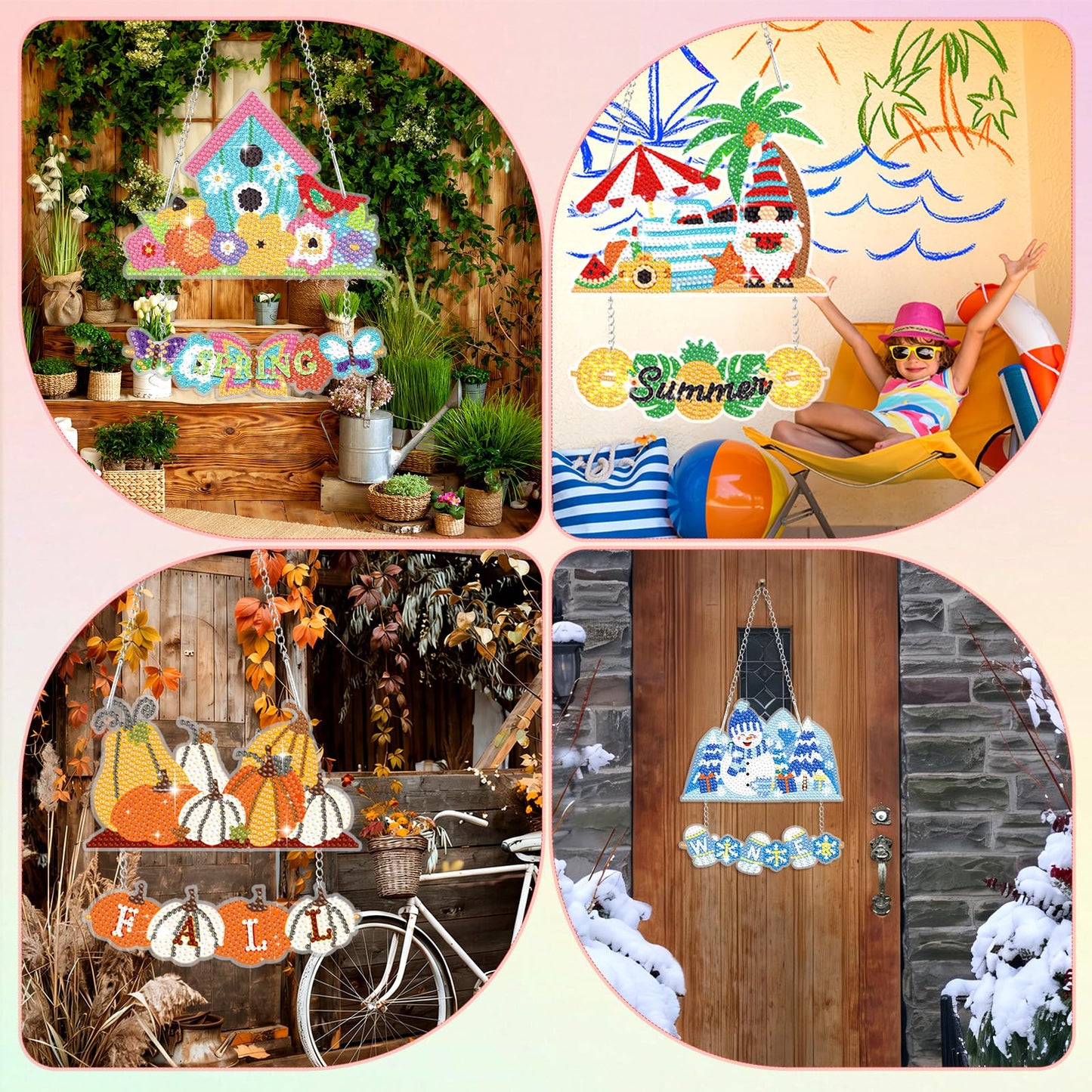 Cinnvoice 12 Pcs Seasonal Diamond Art Wreath Kits Holiday 5d DIY Diamond Painting Signs Germ Hanging Art Ornaments for Wall Door Decorations (Holiday)
