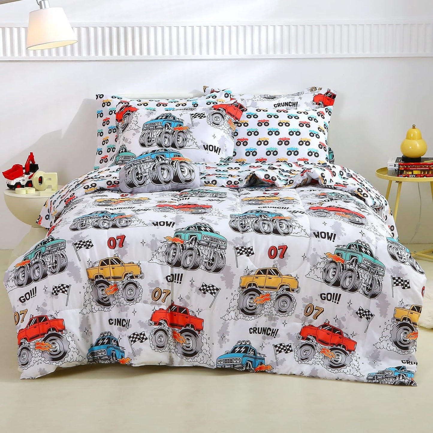 Sets 6 Set Set Mooreeke Twin Size Comforter for Boys Kids, Pieces Bed in a Bag Monster Truck Bedding Comforter Sheet