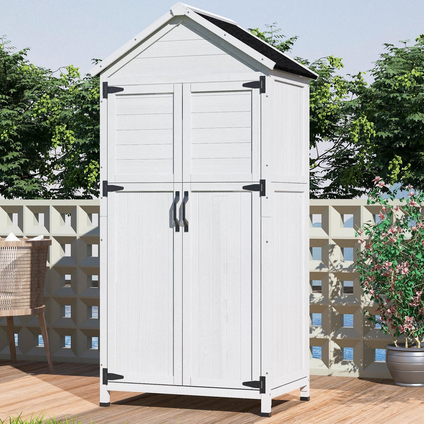 Christopher Knight Home Neapo 67" Outdoor Storage Shed, Spacious Storage Garden Tools Shed, Fire Wood Tall Sheds, Two Open Doors, Wooden Panel Design, Easy Organize Lawn Mowers, Shovels, Pots, White