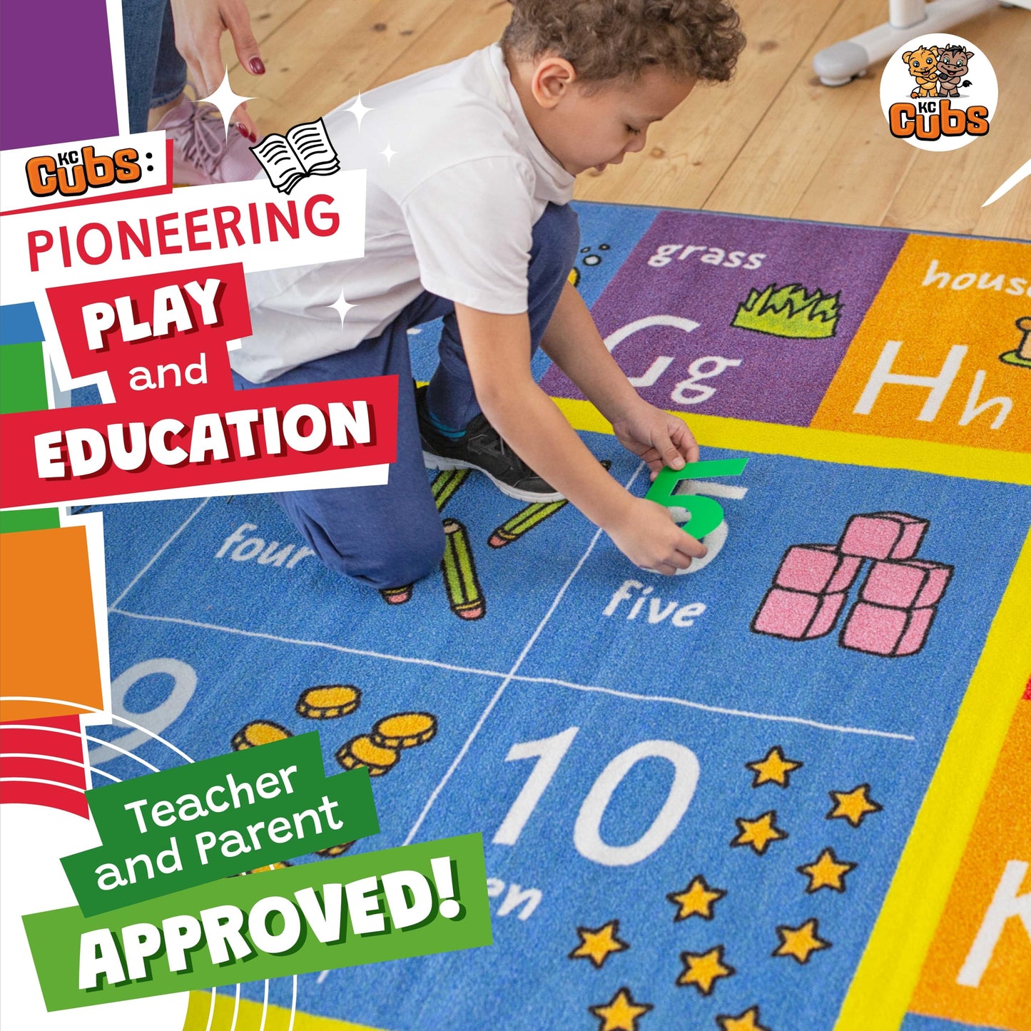 KC Cubs: Educational Rug: ABC Alphabet, Numbers & Shapes - 8x10' Playmat - Interactive Play, Activity Area Carpet, Bedroom-Classroom, Baby-Toddler-Kid