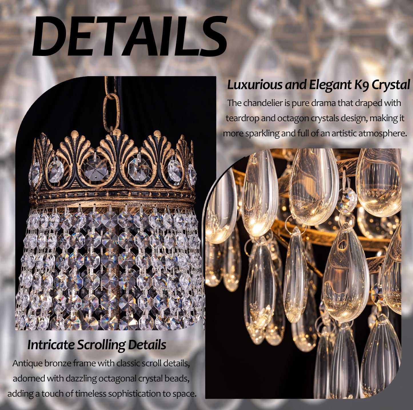 TOCHIC 31.5" D French Empire Crystal Chandelier, 11 Light Bronze Farmhouse Pendant Light for Dining Room, Living Room, Foyer, Entryway, Bedroom, Kitchen Island, Staircase