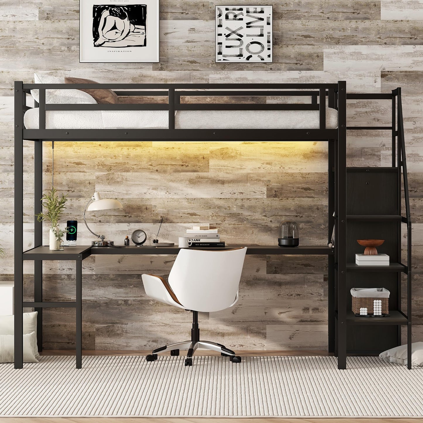Heavy Duty Metal Loft Bed with Twin XL Size, Desk, Wardrobe & Storage Stairs, LED Charging Station, Space Saving for Kids, Teens & Adults - Black