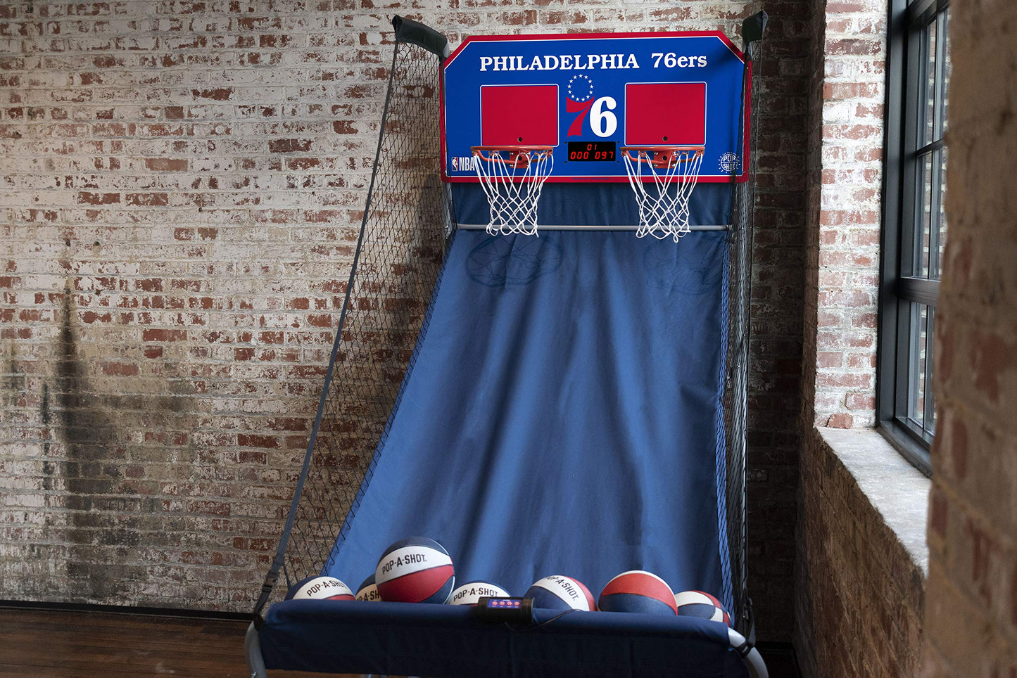 Pop-A-Shot - Home Dual Shot with Philadelphia 76ers NBA Graphics l Sensor Scoring l 16 Game Modes l 7 Balls l Foldable Storage l for All NBA Fans