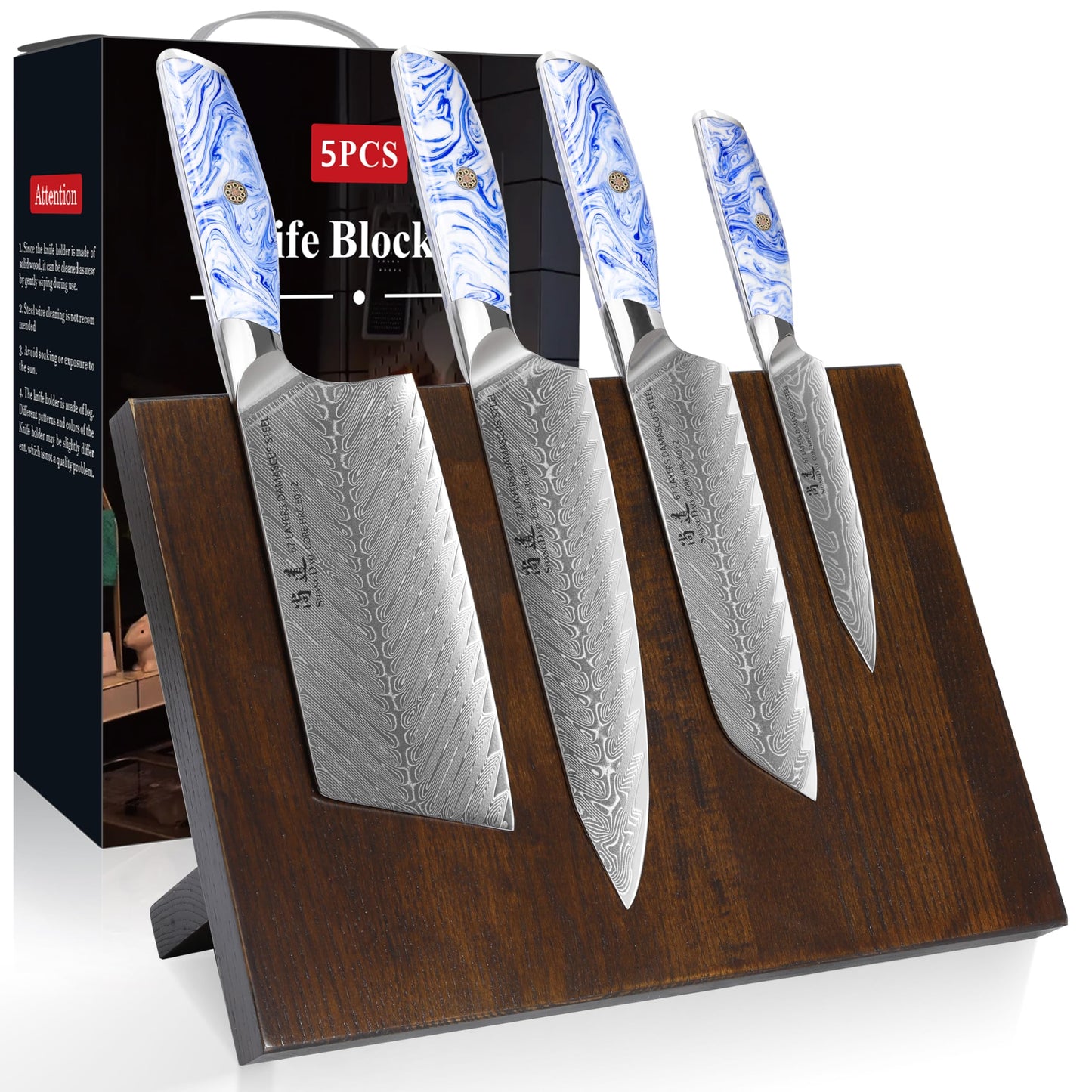 SHANGDAO Damascus Kitchen Knife Set with Magnetic Knife Block, 5 PCS Razor Sharp Kitchen Knives Made of Japanese Damascus Steelwith Block, Full Tang Ergonomic Resin Handle Chef Knife With Gift Box