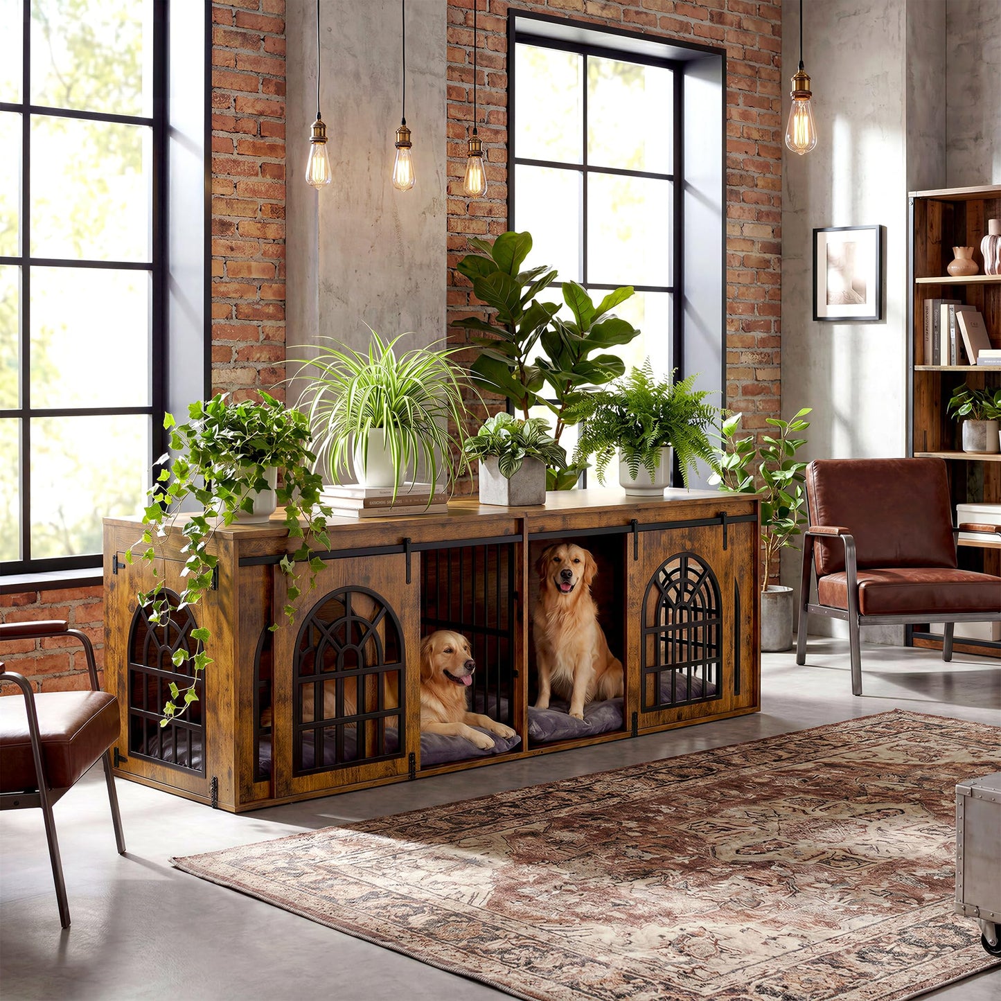 IRONCK 90.2" Double Room Dog Crate Furniture with Sliding Doors– Heavy Duty Wooden Dog Kennel with Hinged Divider, TV Stand & End Table for Large to Medium Dogs, Brown (Brown)