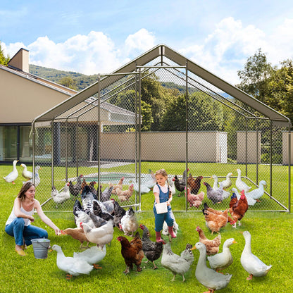 Large Metal Chicken Coop Walk-in Poultry Cage, Chicken Run with Waterproof Anti-UV Cover, Heavy Duty Galvanized Steel Hen House for Outdoor Yard Farm Duck Rabbit (9.8' L x 19.7' W x 6.6' H)